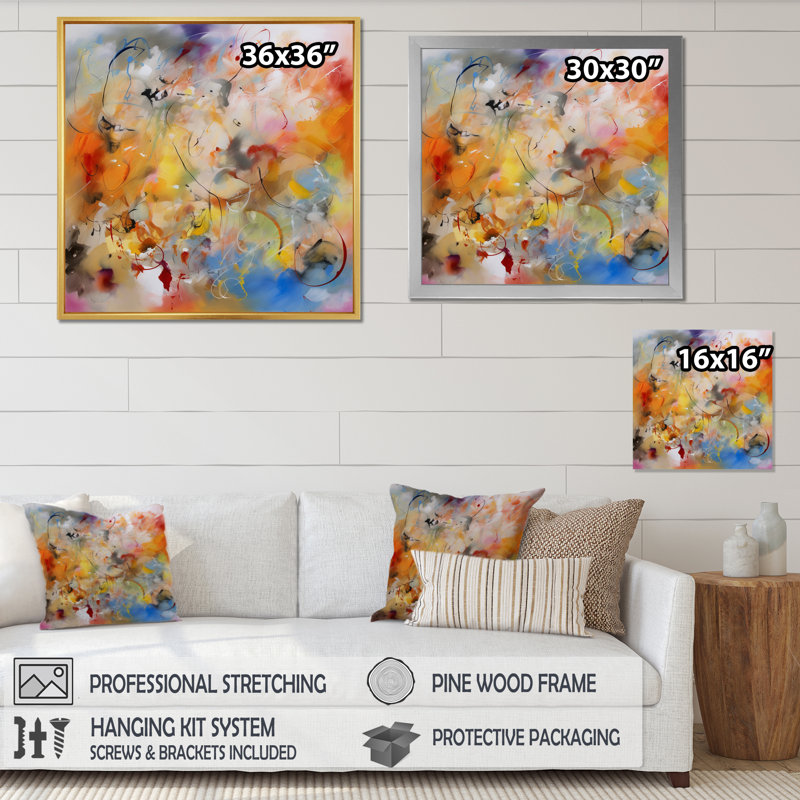 «Blue, Yellow and Orange Colorful Whirls VII - Abstract Minimalisme», art mural encadré, H 34 po x l 44 po, Toile tendue