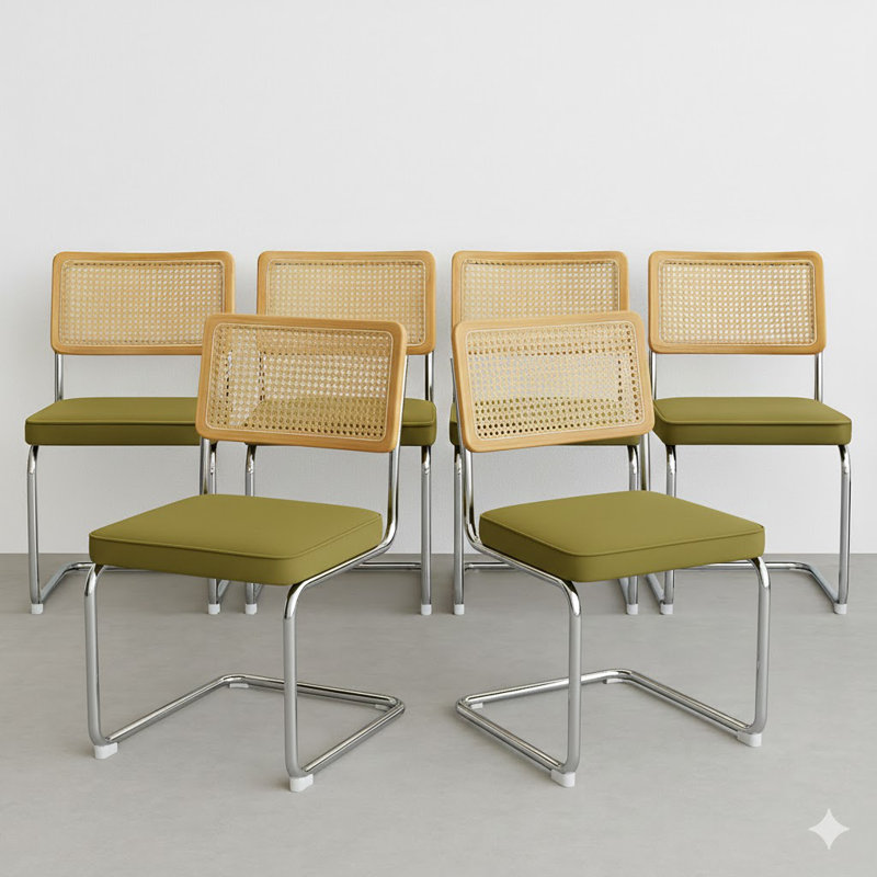 Ensemble de 6 chaises de salle à manger Modern Velvet, dossier en rotin et base chromée, vert olive, Velours vert olive