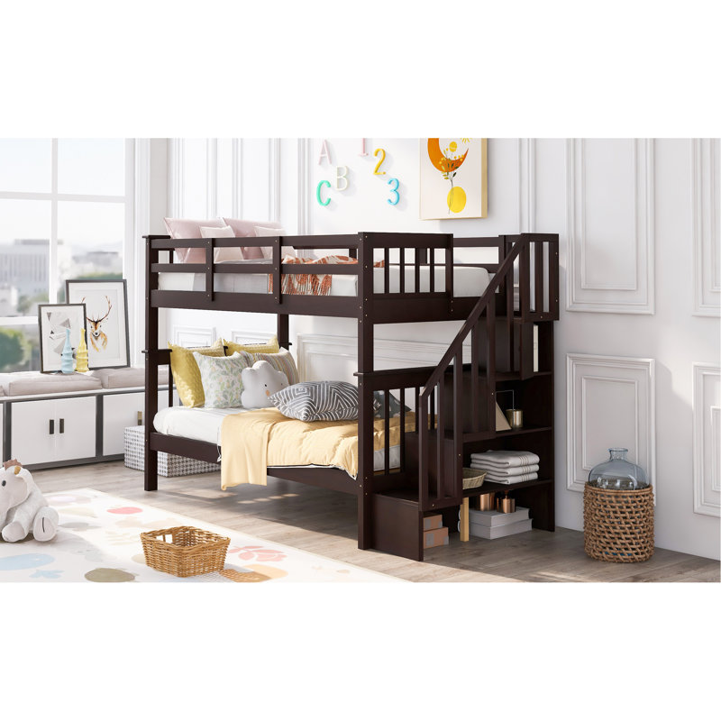 Lit superposé simple au-dessus de simple avec rangement et barrière de sécurité pour chambre à coucher, dortoir, Espresso
