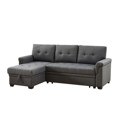 84" Dark Gray Linen Reversible Sleeper Sectional Sofa with Storage Chaise