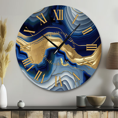 Vibrant Blue And Gold Flow Art I - Modern Golden Face Wall Clock