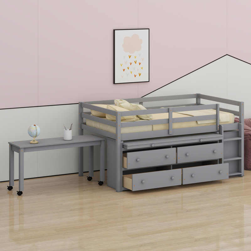 Lit mezzanine avec bureau d'écriture rétractable et tiroirs, Gris
