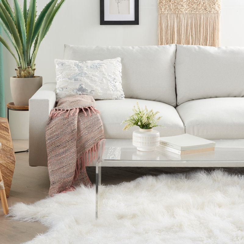 White Faux Fur and Sequins 20" x 20" Throw Pillow