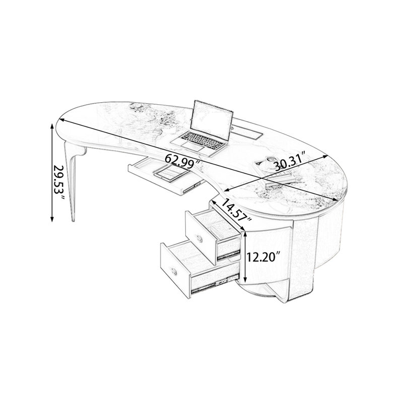 Bureau blanc rectangulaire en bois manufacturé avec 3 tiroirs, H 29,53 po x l 62,99 po x P 30,31 po, Retour à droite