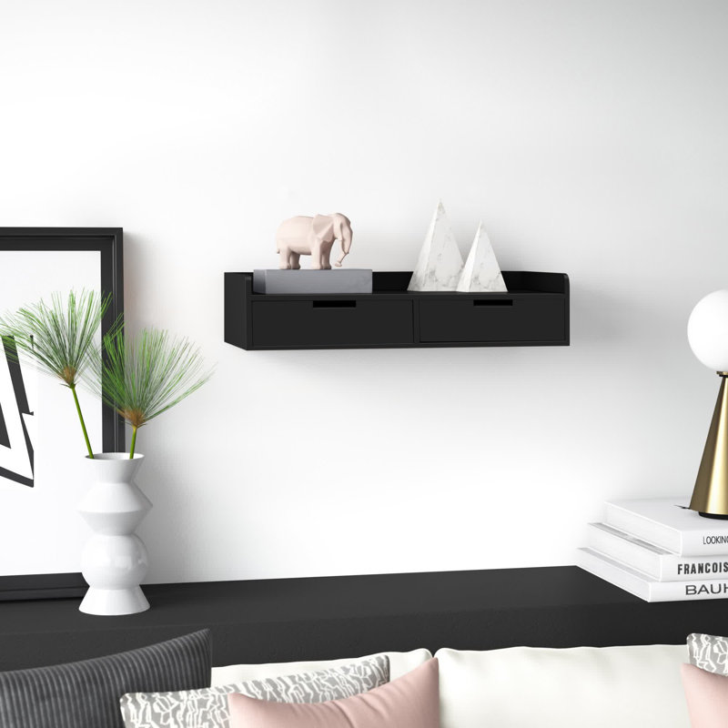 Casiano Solid Wood Floating Shelf with Drawer, Black