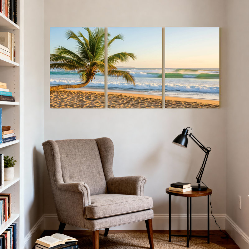 Palmiers, plage tropicale, océan, coucher de soleil, vagues de sable, ciel, ensemble de 3 impressions sur toile