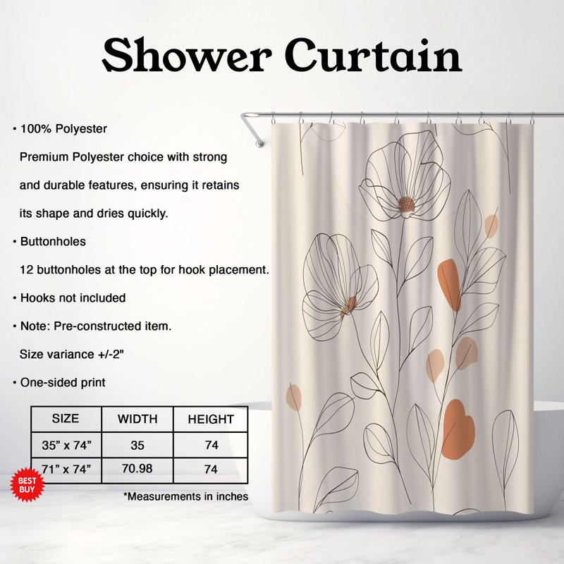 Rideau de douche 1 pièce Subtle Boho Floral Design, H 74 po x l 71 po
