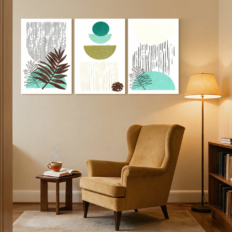 «Boho Contemporary Abstract Leaves Geometric Shapes», ensemble de 3 impressions sur toile, H 18 po x l 36 po