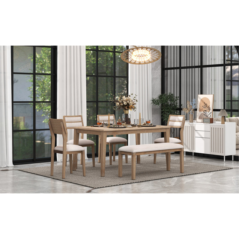 Ensemble de salle à manger 6 pièces de style classique et traditionnel, comprenant une table de salle à manger, 4 chaises rembourrées et un banc 