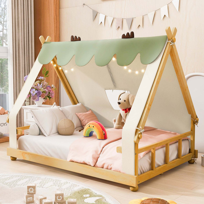 Lit en bois avec tente et lumière, White, Full