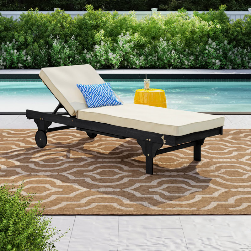 Alvah Outdoor Adjustable Garden Lounger with Cushion, Black, Beige