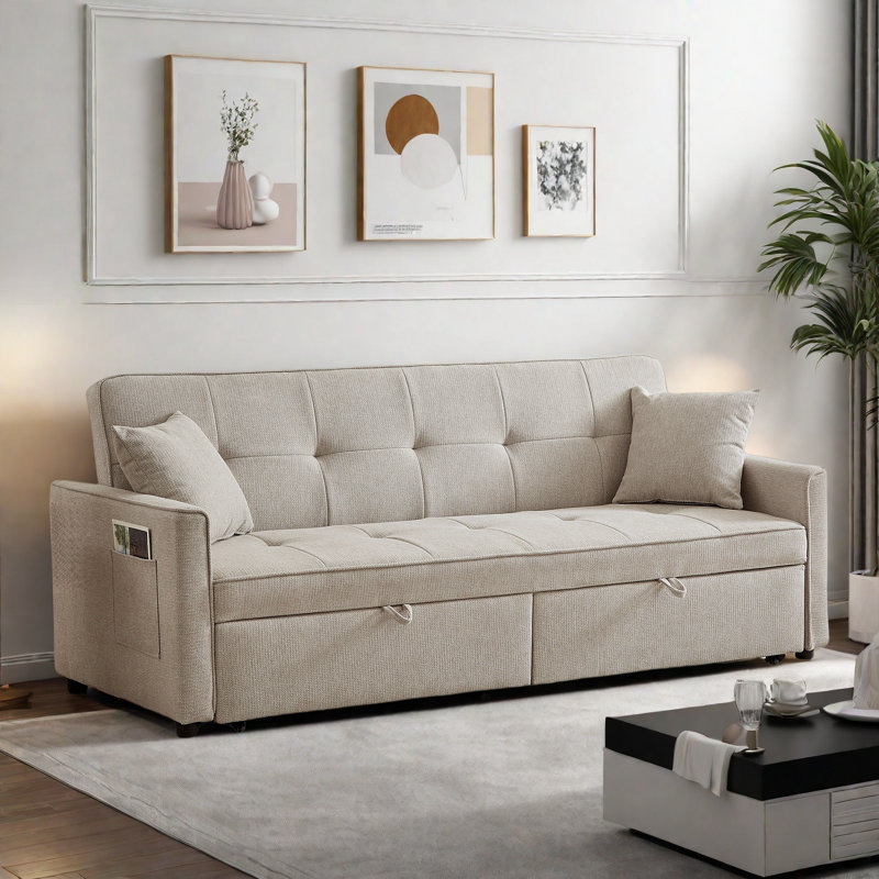 3 In 1 Convertible Sleeper Sofa Bed With Reclining Backrest, Pillows And Side Pockets, Beige