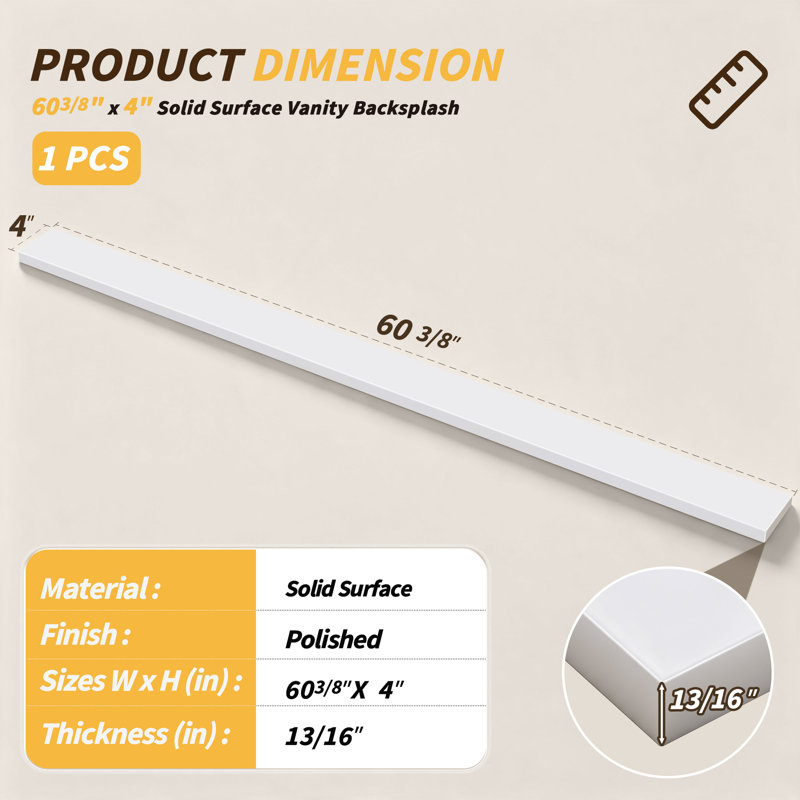 60'' W X 4'' H Solid Surface White Backsplash Polished Rectangular Vanity Top Back Splash for Vanity Sink, Window Sill, Door Transitions