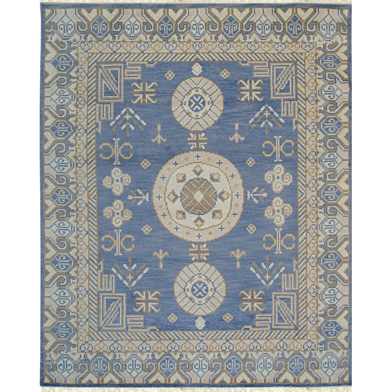 Blue Hand-Knotted Wool Circular Emblem Medallions Geometric Modern Contemporary Carpet Rug, 6' x 9'
