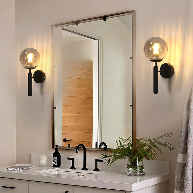 Black Base and Smoke Glass Globe 35cm Wall Sconce 