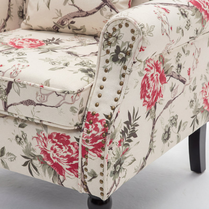 Vintage Floral Upholstered Armchair With Rolled Arms And Wooden Legs(Set of 2), Pink