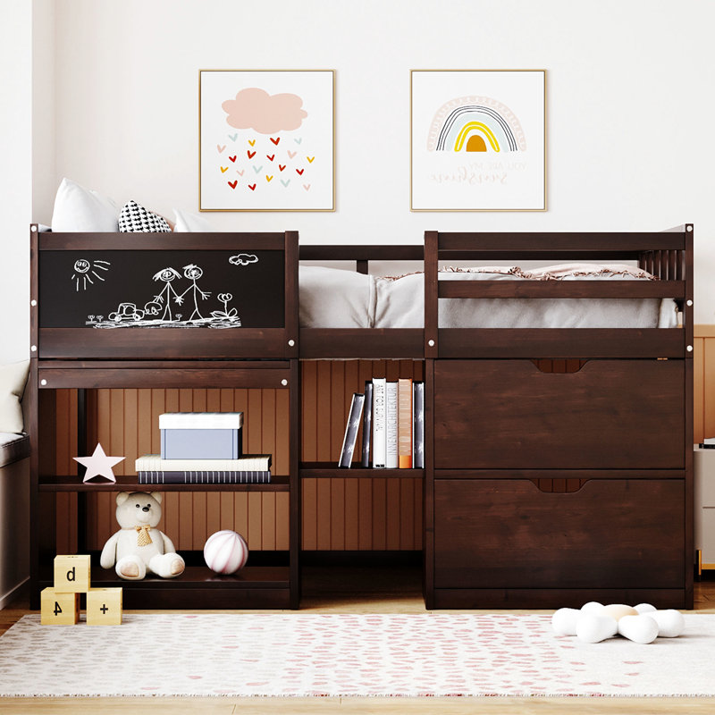 Lit mezzanine simple bas blanc avec tiroir et bureau roulant - Bois massif solide pour une chambre à coucher fonctionnelle