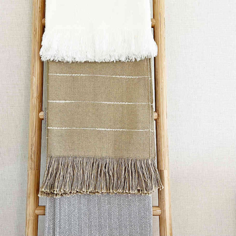 Pampa Hand Woven Throw Blanket, Camel/White Striped