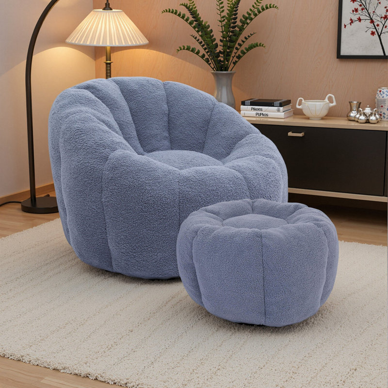 Compression 40"W Comfy Pumpkin Bean Bag Couch Sofa Chair,Soft Teddy Fabric Bean Bag Chair With Ottoman, Light Blue Teddy