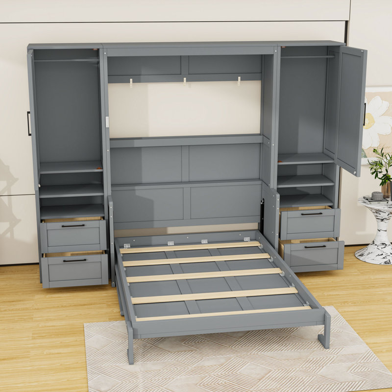 Lit escamotable en bois avec tiroirs et tablettes de rangement intégrés, Gris, Grand lit