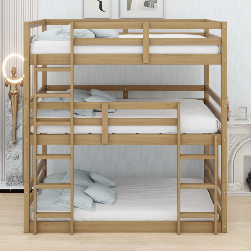 Triple-Tier Bunk Bed Featuring Two Built-In Ladders, Full-Perimeter Guardrails, And Modular Disassembly, White Oak