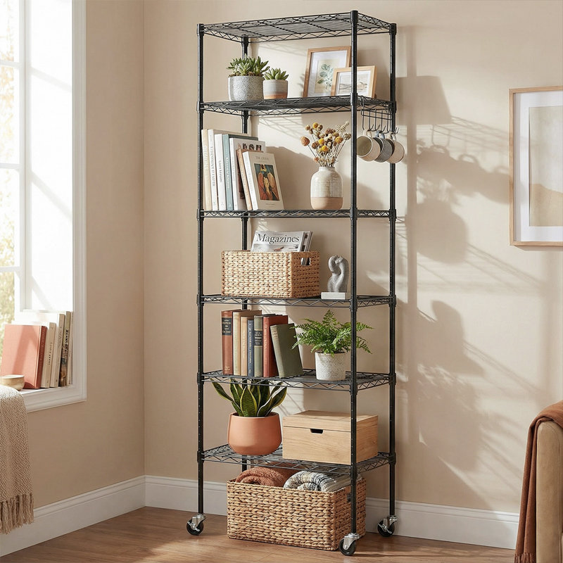 Hipson 6-Shelf Adjustable Storage Shelving Unit Steel Organizer Wire Rack with Lockable Wheel Casters, Hook, Black