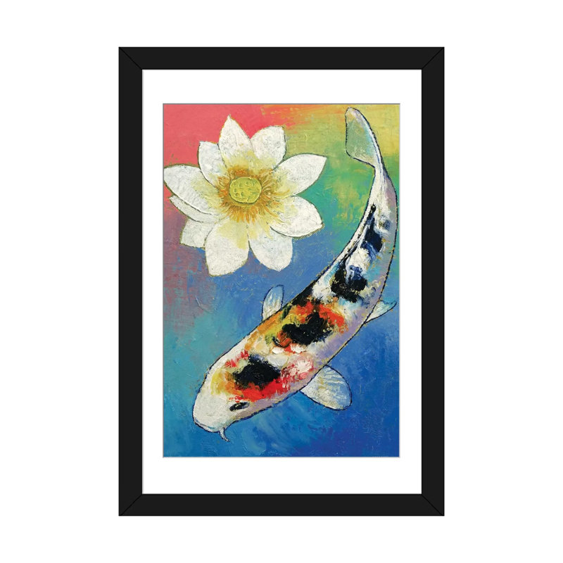 «Koi and White Lotus», reproduction d'art sur toile, Papier d'art encadré noir, Blanc, H 32 po x l 24 po x P 1 po