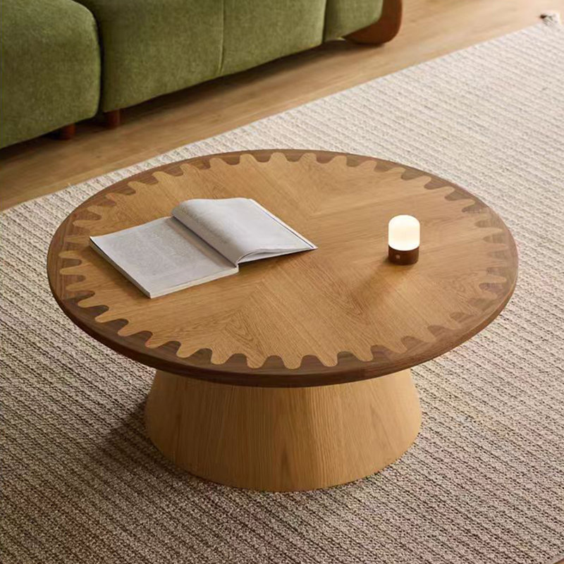Table basse ronde de 35 po, double incrustation de bois et de noyer moderne avec bordure engrenage, table de centre de salon élégante