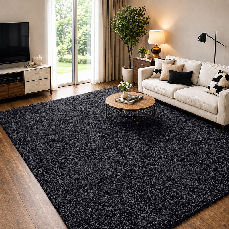Soft Fluffy Living Room Large Area Rug, Black, Runner 60 x 220 cm