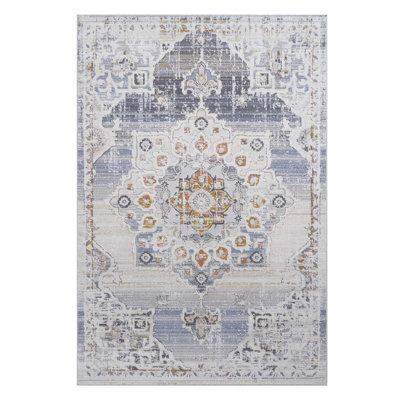 Tapis 8 x 10 crème / doré à motif de médailles sans perte de poils. Teinté, élégant pour la maison. Salon, chambre à coucher, salle à manger, bureau. Et pour animaux de compagnie, sans effort, ne perd pas ses taches