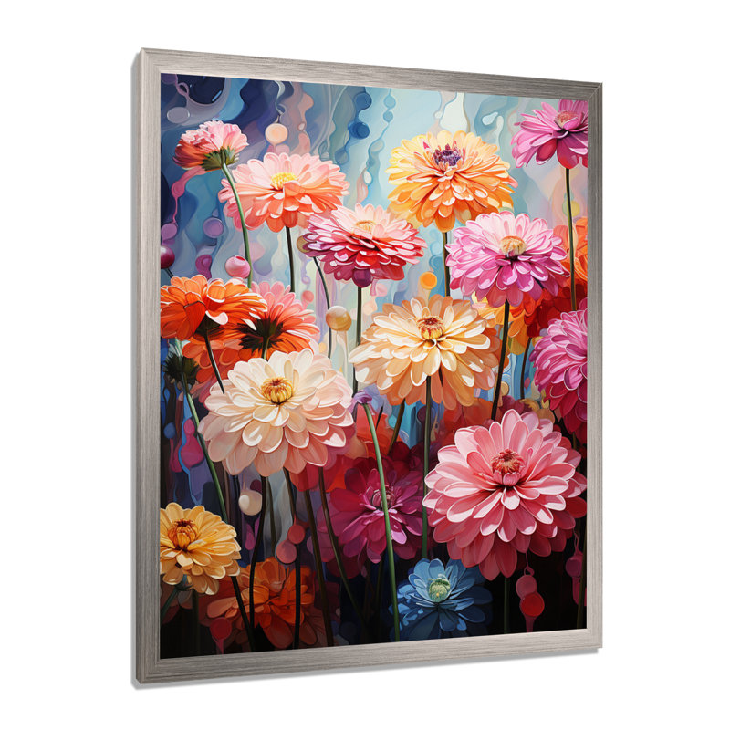 Reproduction d'art sur toile Zinnias, Cadre simple argenté, H 32 po x l 24 po x P 1 po