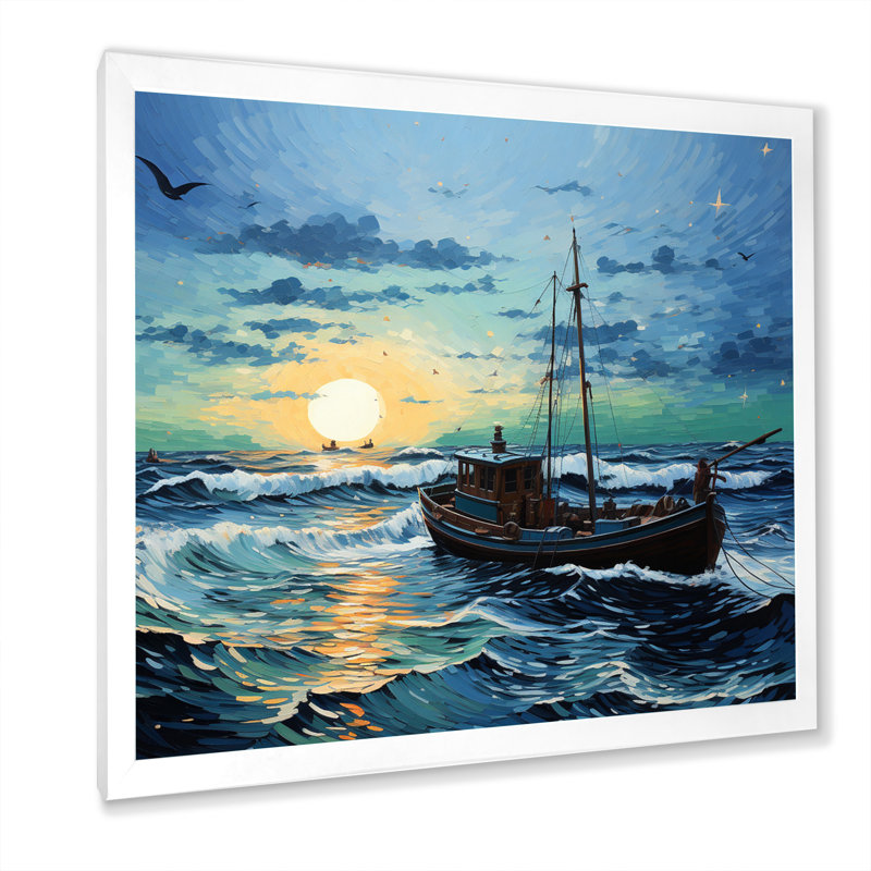 Vangogh paysage marin avec pêche II, Cadre simple blanc, H 24 po x l 24 po x P 1 po