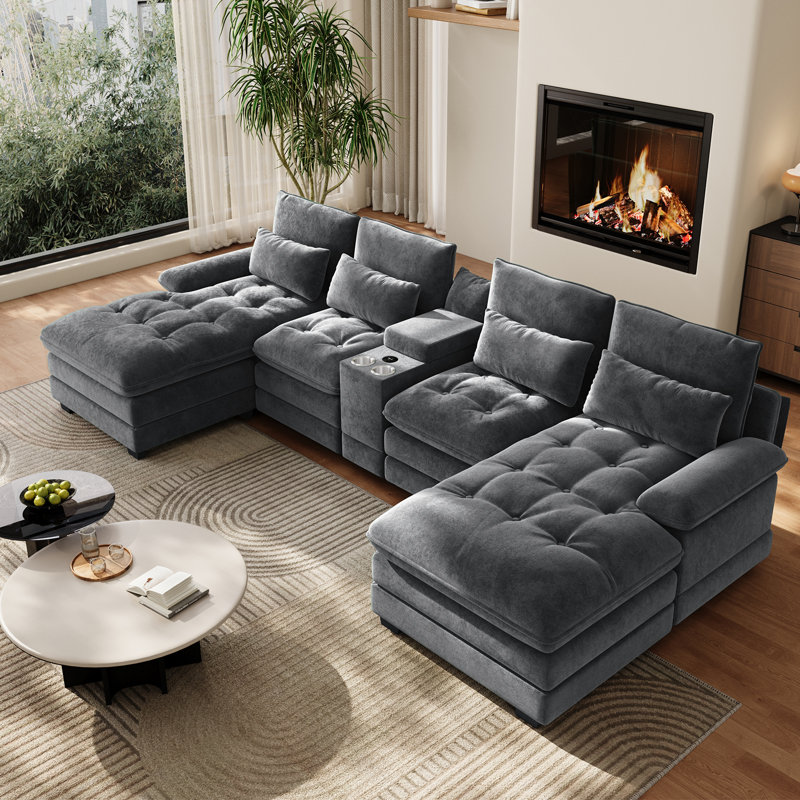 Oversized 134.2"W 4 Piece U-Shape Sectional with Console & Cup Holders, Gray