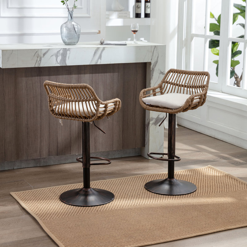 2Pcs Bar Stools - Adjustable Counter Height With Footrest  Beige  Linen Fabric Seat, Strong Metal Construction, Up To 250Lbs Swivel Stools, Beige Upholstery, Footrest, Base, For Kitchen & Dining