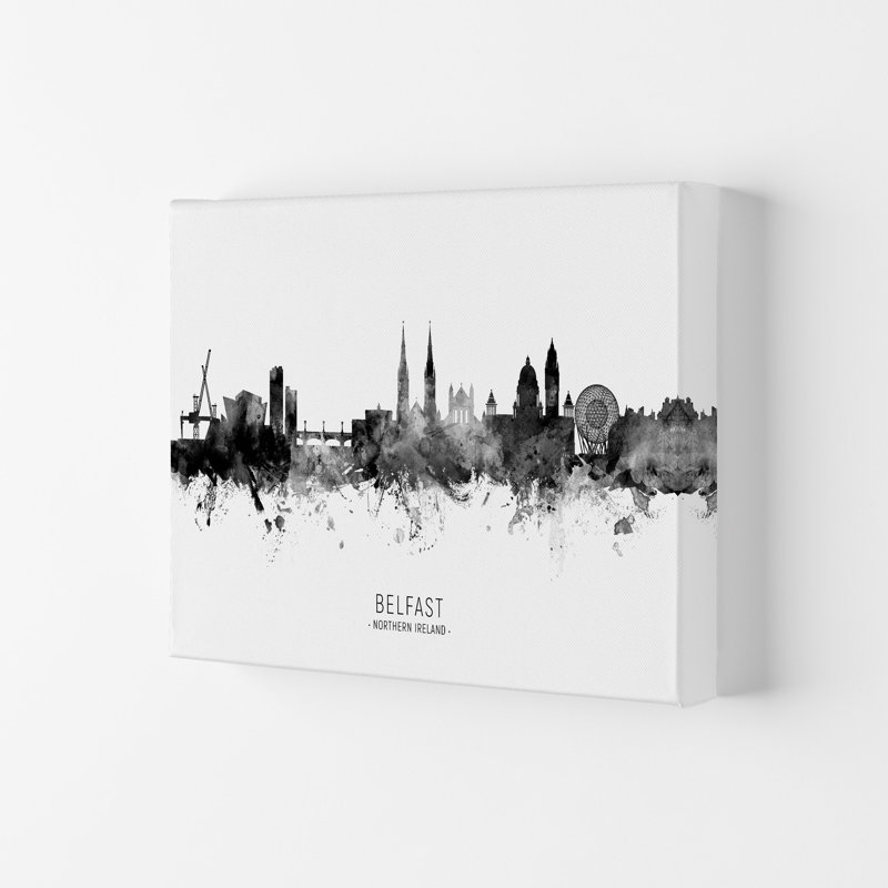 Belfast Northern Ireland Skyline Black White City Name by Michael Tompsett - Print, 21cm H x 29.7cm W x 4cm D, Wrapped Canvas