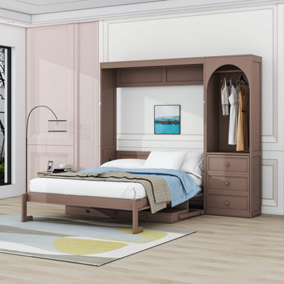 Queen 3 Drawers Wood Murphy Bed with Shelves and LED Light