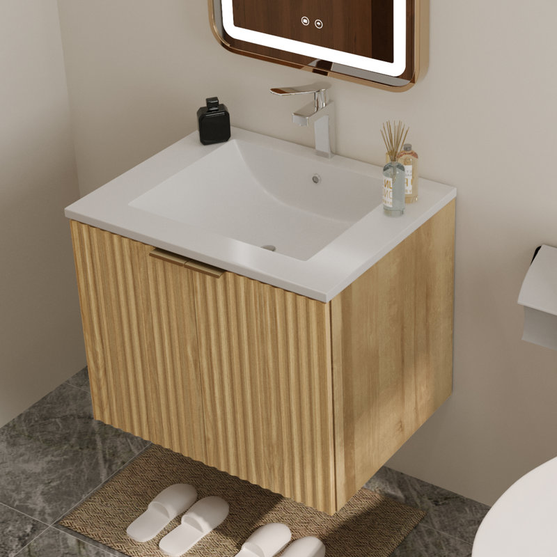 24" Modern Wall Mounted Floating Cabinet Bathroom Vanity with Sink and Wavy Textured Soft-Close Doors,Nature Color