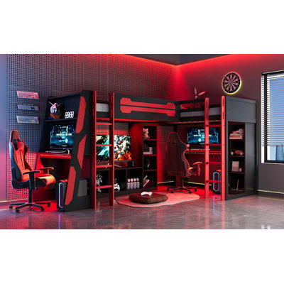 Structure de lit de jeu en L en forme de L avec lumières à DEL RVB, lits doubles, ports USB, meuble télé et tablettes de rangement, disposition réversible, lit mezzanine en bois peu encombrant