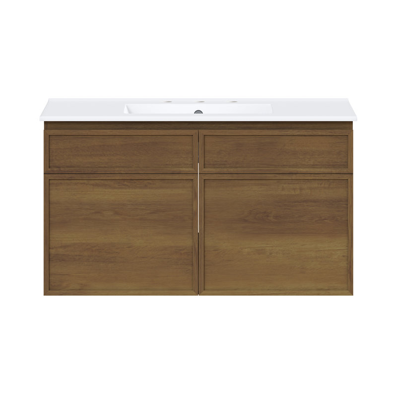 St. Tropez 36" Wall-Mounted Bathroom Vanity In Brown Oak With 3-Hole Widespread Sink Top, White, Brown, 36.5"