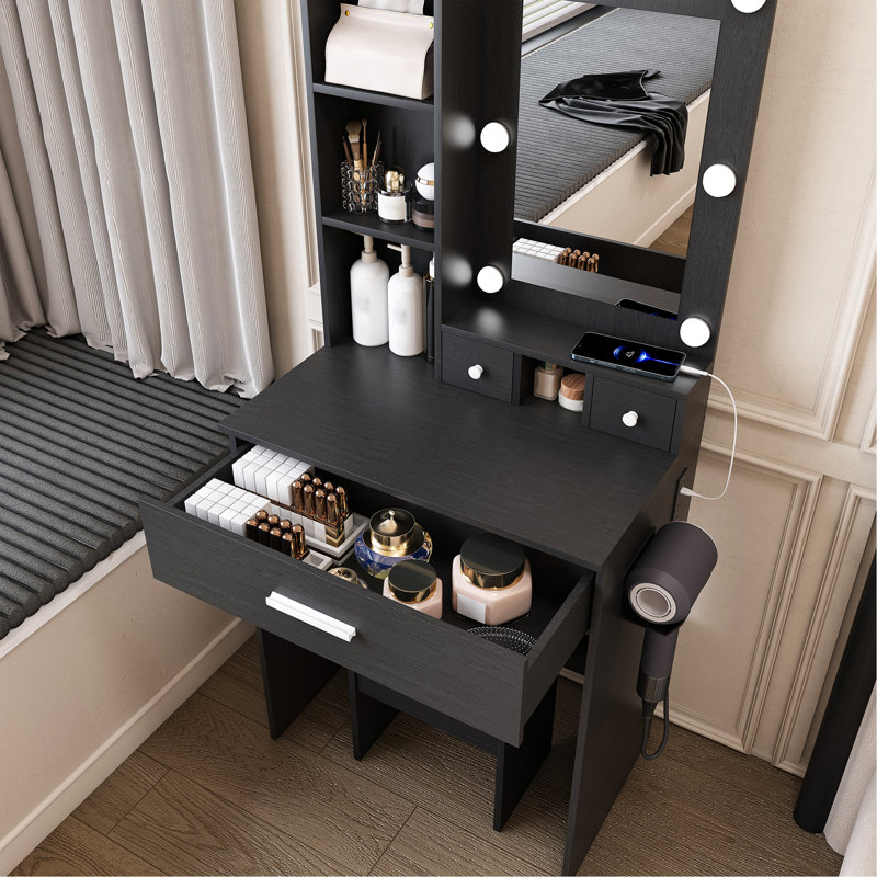 Vanity Table with Mirror & Adjustable LED Lights, Power Outlet, Hairdryer Holder & Stool – Compact Dressing Desk for Small Bedrooms(Black)