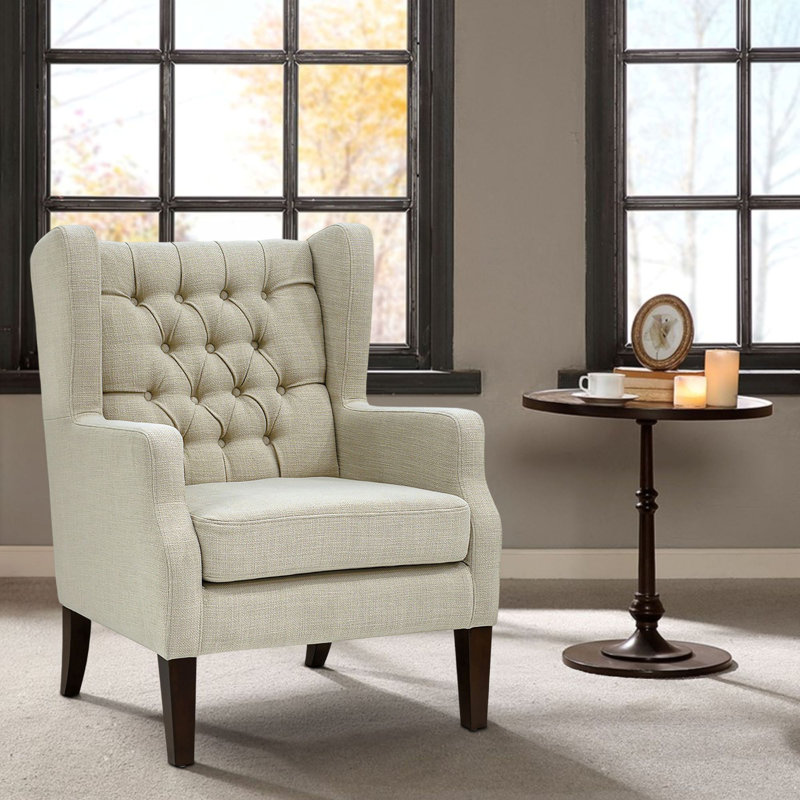 Upholstered Button Tufted Wingback Chair, Linen Polyester Blend