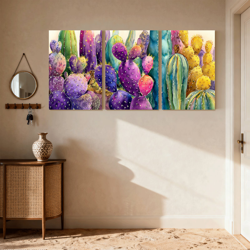 Plantes et fleurs, cactus coloré, ensemble de 3 impressions sur toile, H 18 po x l 36 po