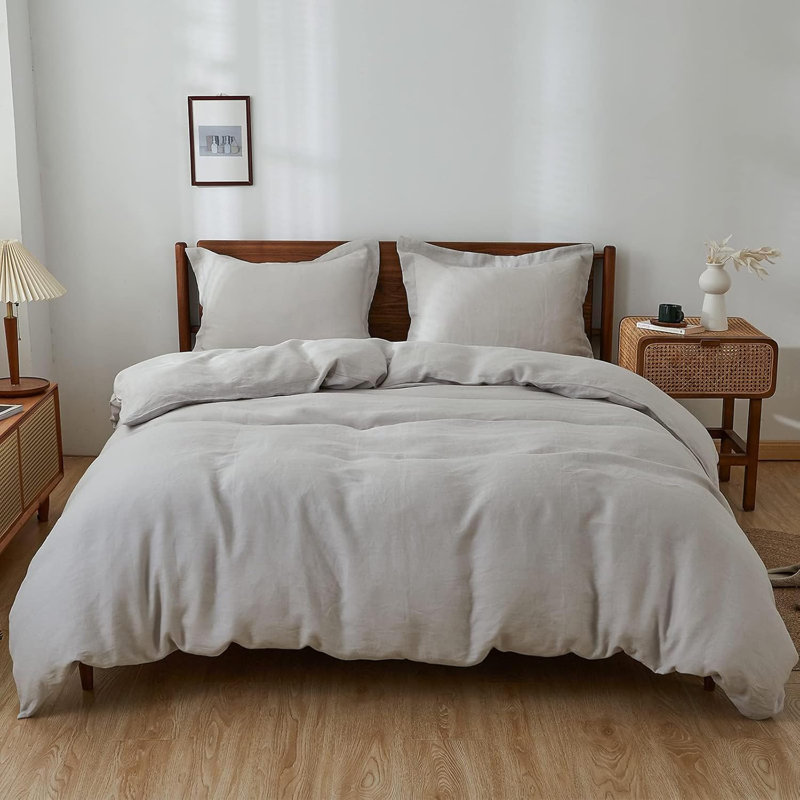 Ensemble de housse de couette 100% lin, Housse de couette double + 2 taies d'oreiller, Gris clair
