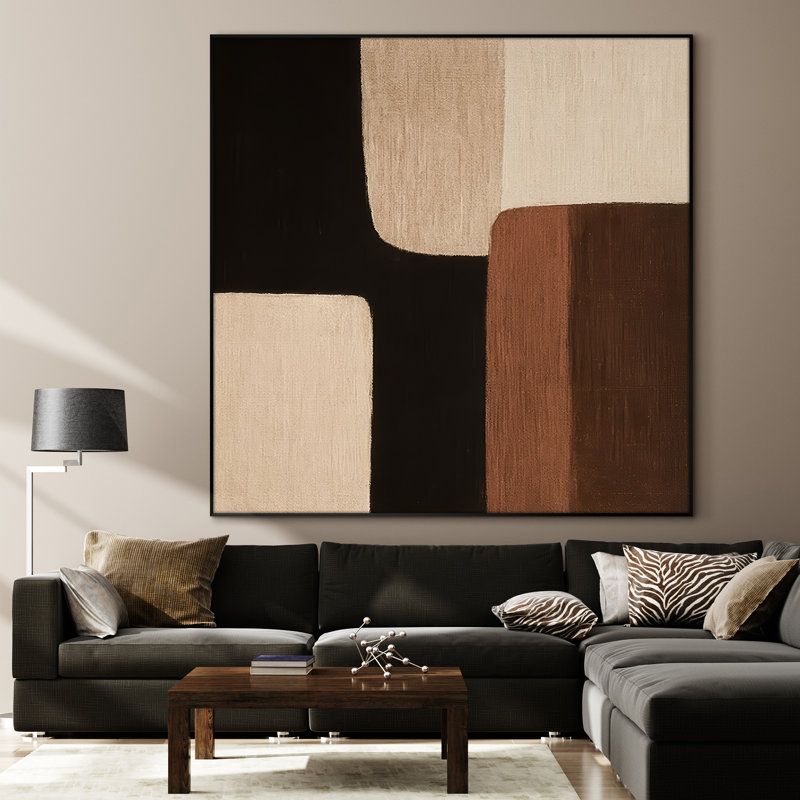 Extra Large Wall Art Fabric Print - Black and Brown Geometric Block Composition Artwork Decor for Living Room or Bedroom - "Frame Assembly Required (Unfinished Frame)"