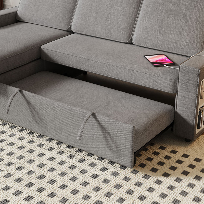 85.8" Pull Out Sleeper Sofa L-Shaped Couch With USB Port And T-pyce Port, Dark Gray