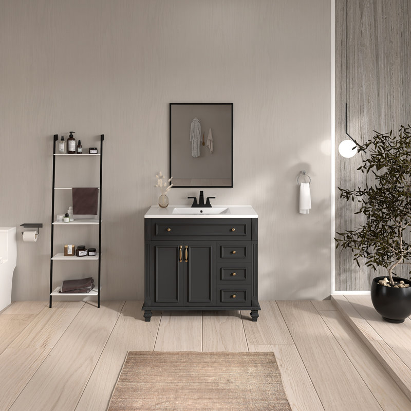 Ensemble de meuble-lavabo autoportant 36 po avec comptoir en céramique 36 po, Noir et or
