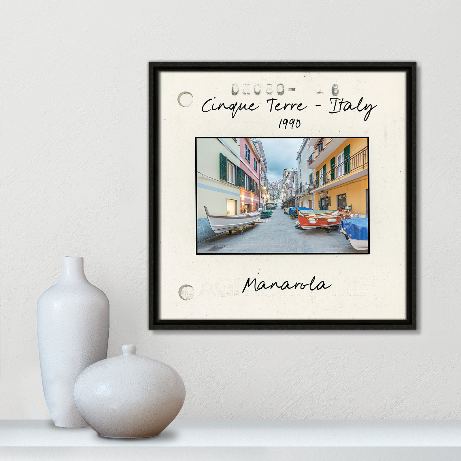 Travel Slide Collection "Cinque Terre - Manarola" Print, Espresso Floater Framed Canvas, 17.5" H x 17.5" W x 2" D