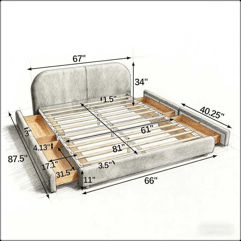 Structure de lit tapissier, Beige, Grand lit