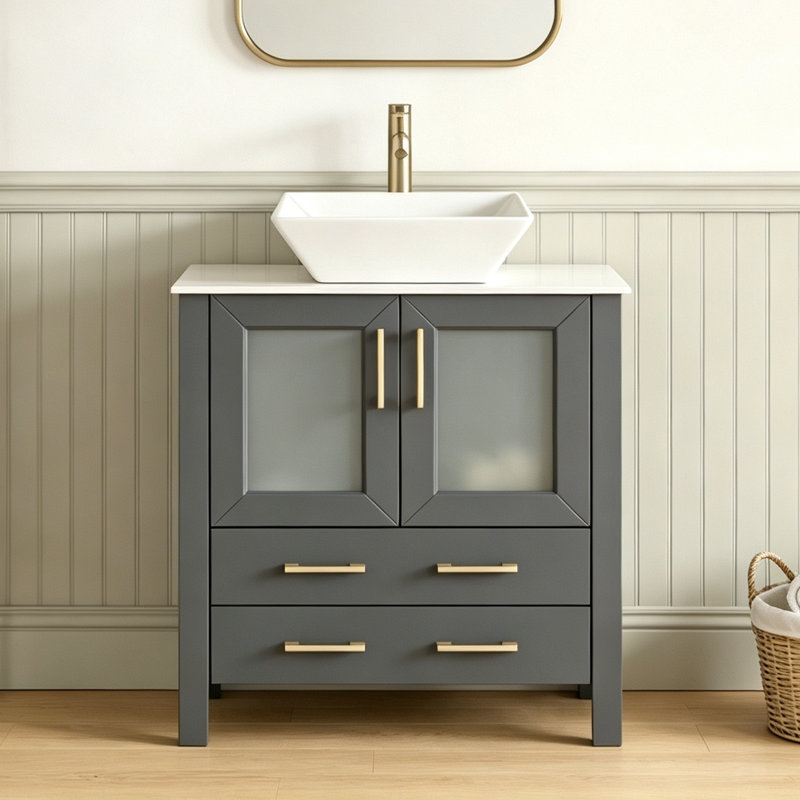 Ensemble de meuble-lavabo autoportant moderne gris 30 po avec lavabo vasque carré en céramique et plateau en pierre matte