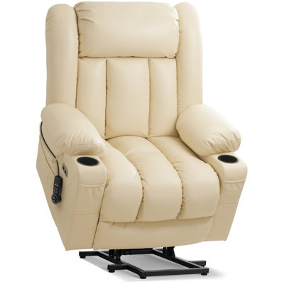 Dual Motor Power Lift Chair Recliner for Elderly with Massage and Heat, Infinite Position Electric Lift Recliner with USB A&C, Cup Holders (T6010 - Faux Leather, Cream White, Medium)